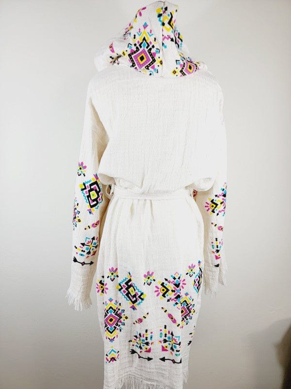 Bohemian hooded embroidered kimono white full back view