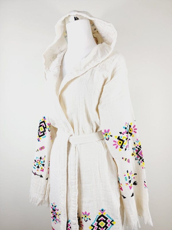 Right angle of bohemian hooded embroidered kimono white