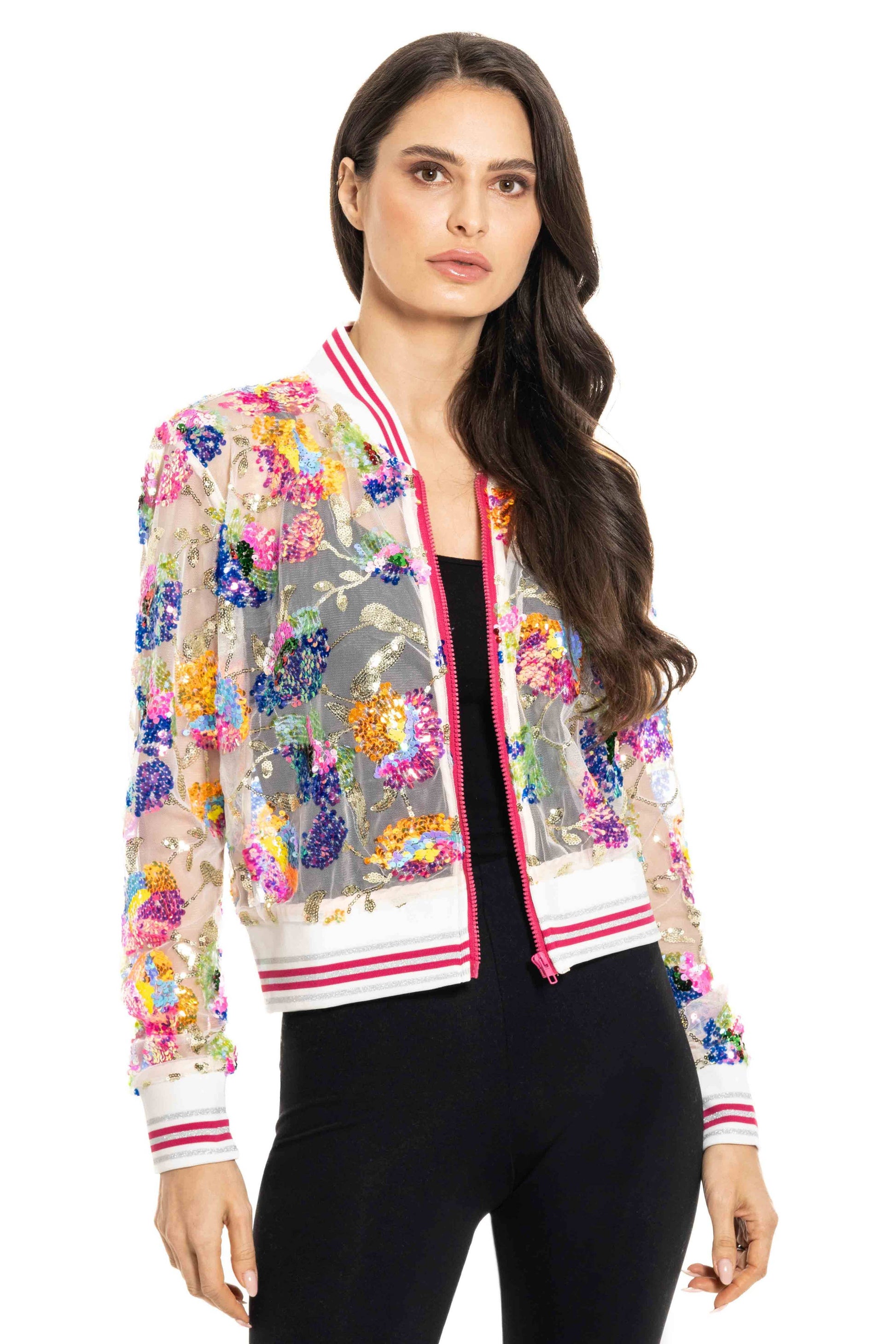 Celeste Sequin Floral Mesh Bomber Jacket - Da Bohemian Bazaar