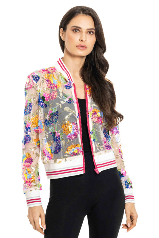 Celeste Sequin Floral Mesh Bomber Jacket - Da Bohemian Bazaar