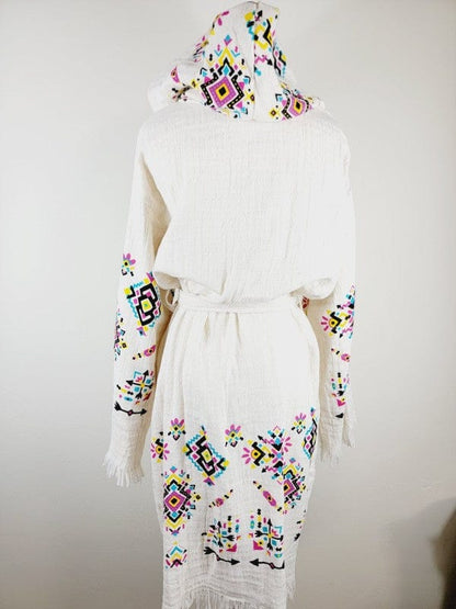 Bohemian hooded embroidered kimono white full back view