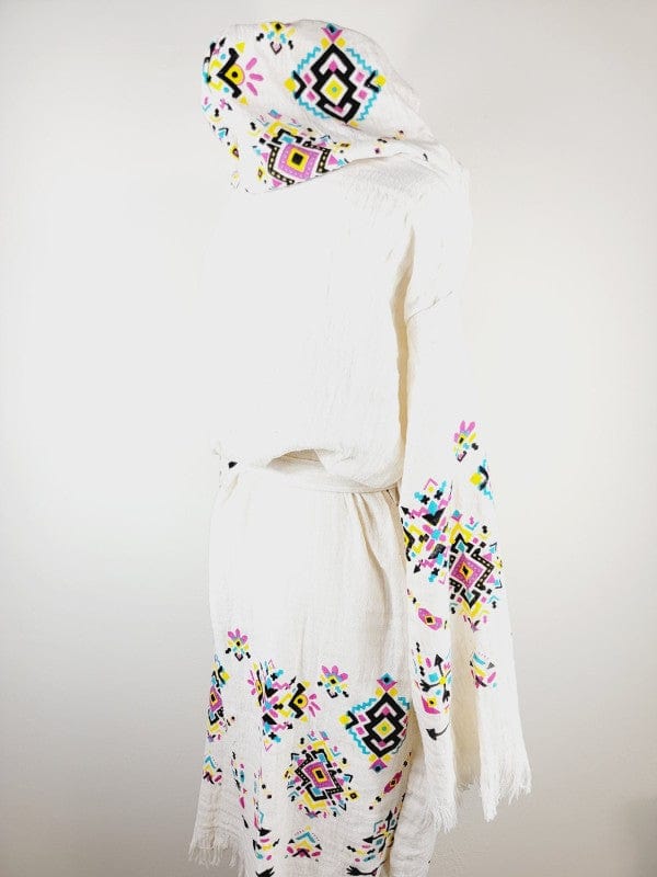 Bohemian hooded embroidered kimono white back side view