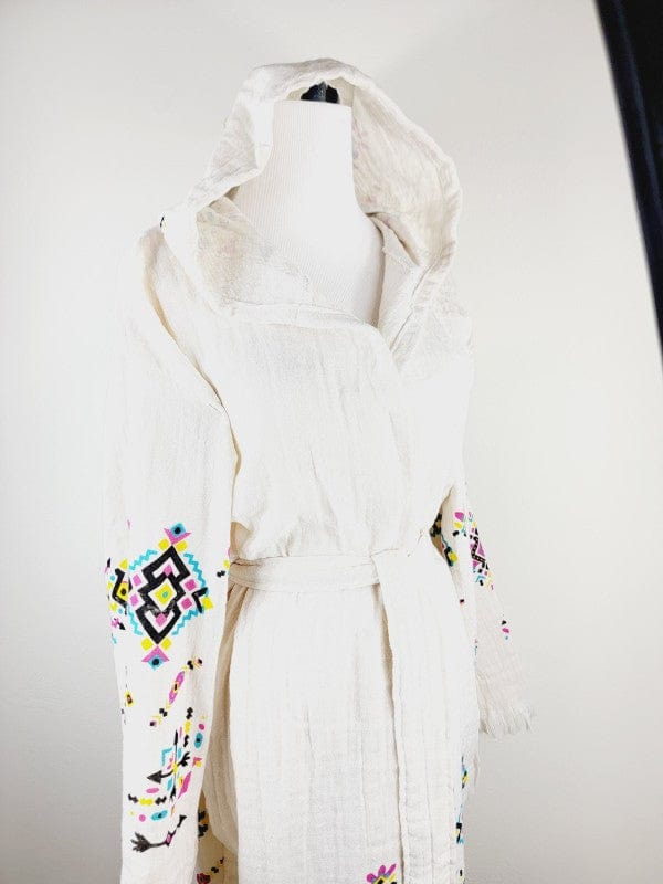 Bohemian hooded embroidered kimono white side view angle