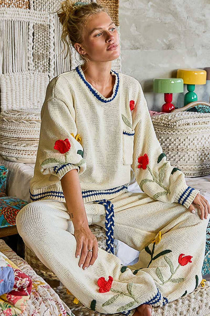 3D Embroidered Twisted Tie Straight Leg Chenille Pants