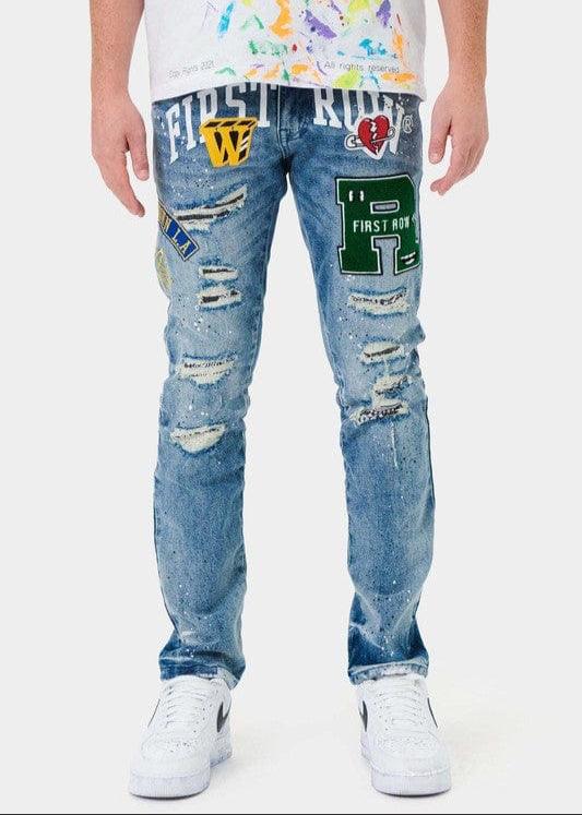 Varsity Patched Slim Denim - Da Bohemian Bazaar