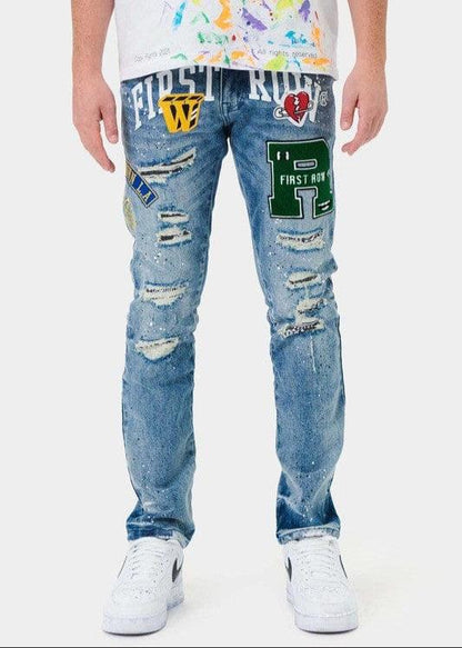 Varsity Patched Slim Denim - Da Bohemian Bazaar