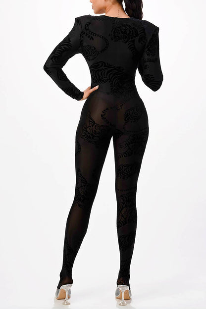 Tigress Mesh Velvet Burnout Mesh Jumpsuit