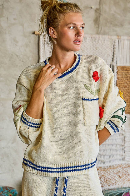 3D Embroidered Balloon Sleeve Relaxed Fit Chenille Sweater