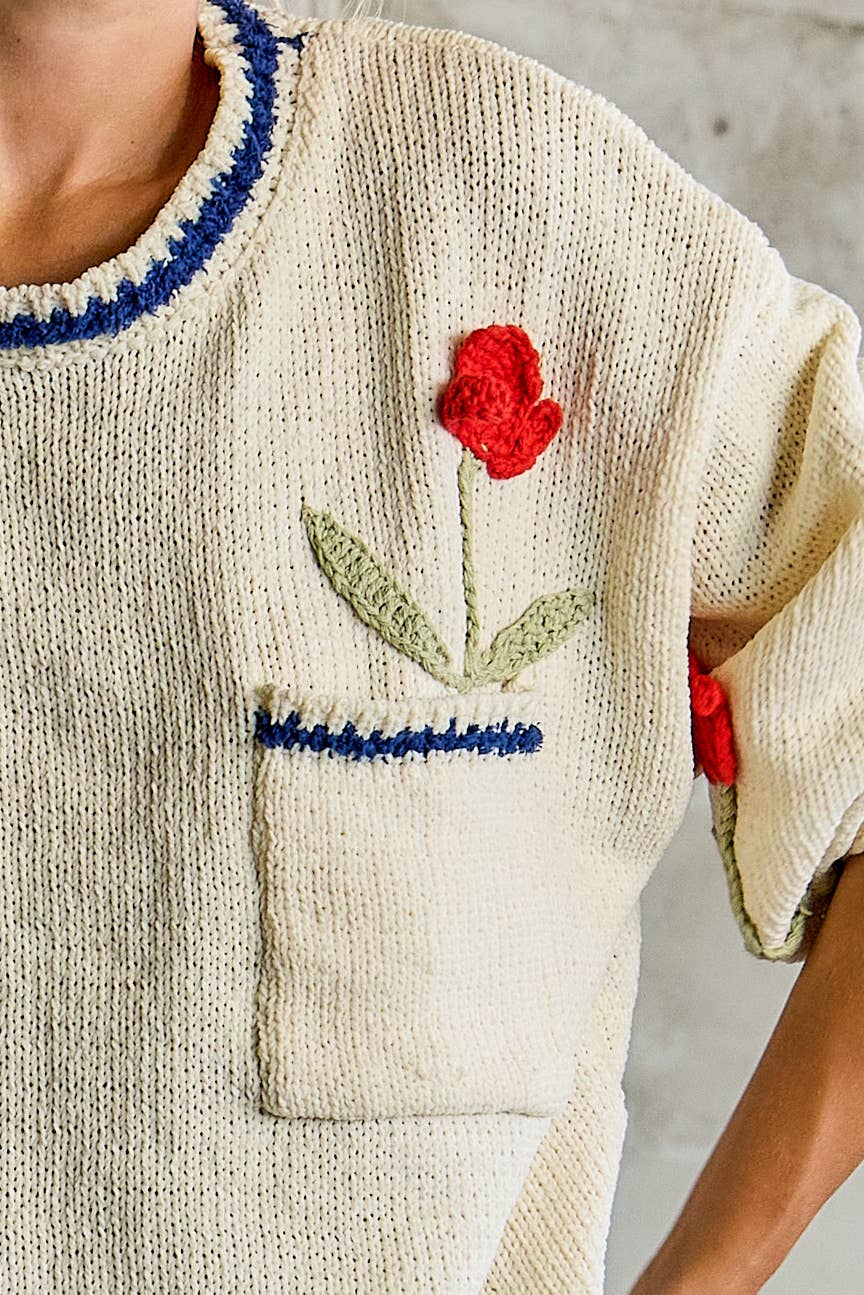 3D Embroidered Balloon Sleeve Relaxed Fit Chenille Sweater