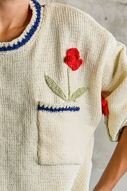 3D Embroidered Balloon Sleeve Relaxed Fit Chenille Sweater