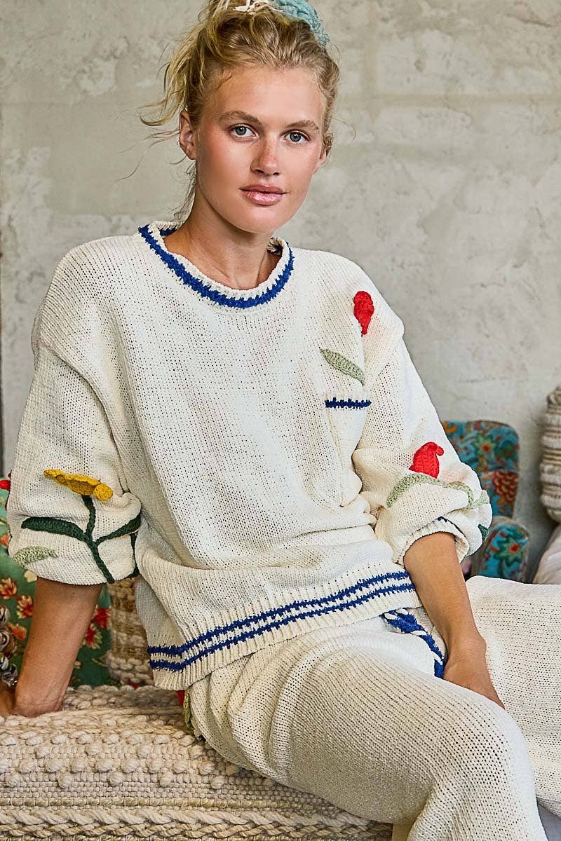3D Embroidered Balloon Sleeve Relaxed Fit Chenille Sweater