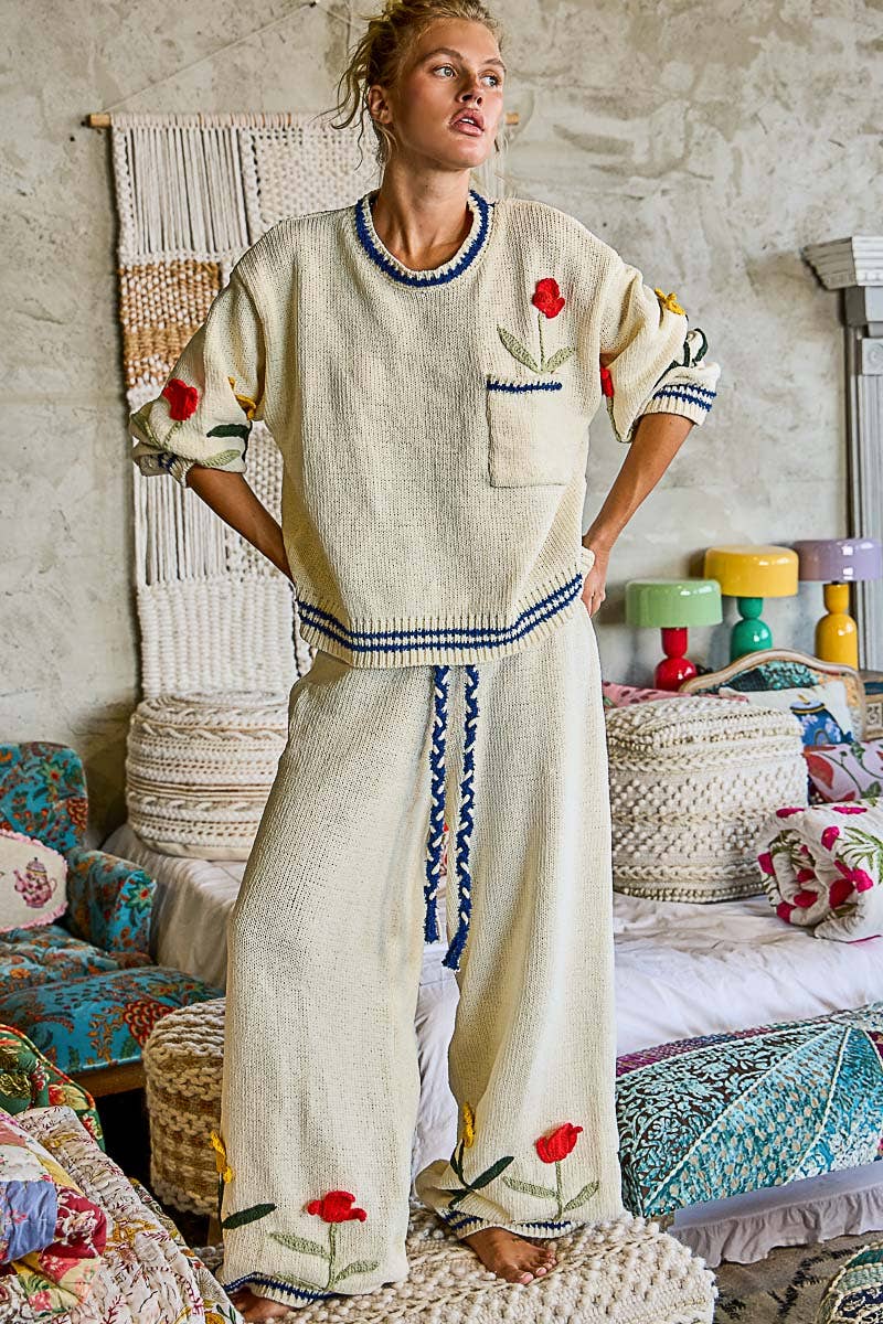 3D Embroidered Twisted Tie Straight Leg Chenille Pants