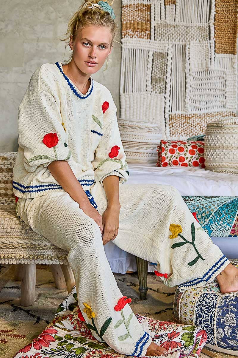 3D Embroidered Twisted Tie Straight Leg Chenille Pants