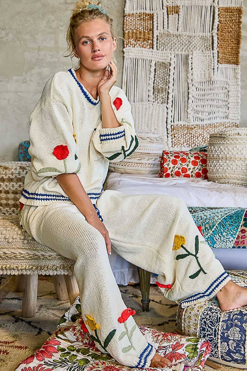 3D Embroidered Twisted Tie Straight Leg Chenille Pants