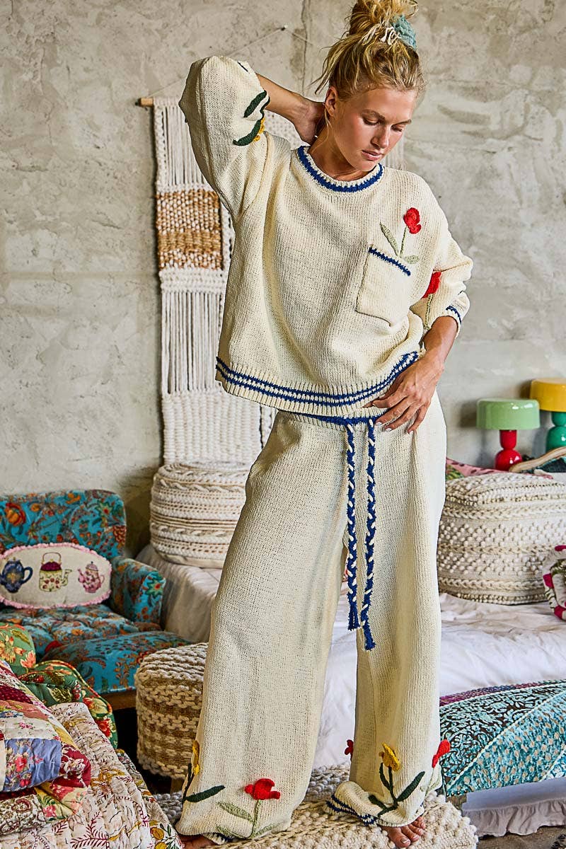 3D Embroidered Twisted Tie Straight Leg Chenille Pants
