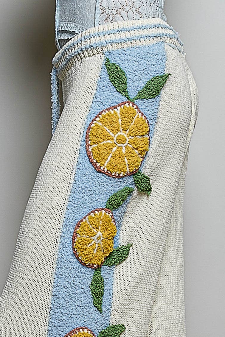 3D Lemon Embroidery Cozy Berber Sweater Adjustable Wide-Leg Pant