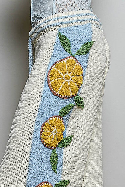 3D Lemon Embroidery Cozy Berber Sweater Adjustable Wide-Leg Pant