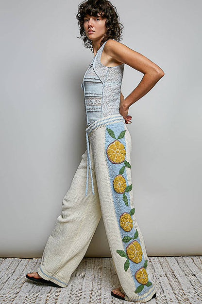 3D Lemon Embroidery Cozy Berber Sweater Adjustable Wide-Leg Pant