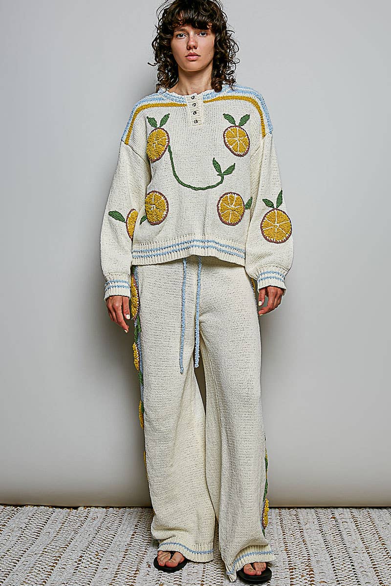 3D Lemon Embroidery Cozy Berber Sweater Adjustable Wide-Leg Pant