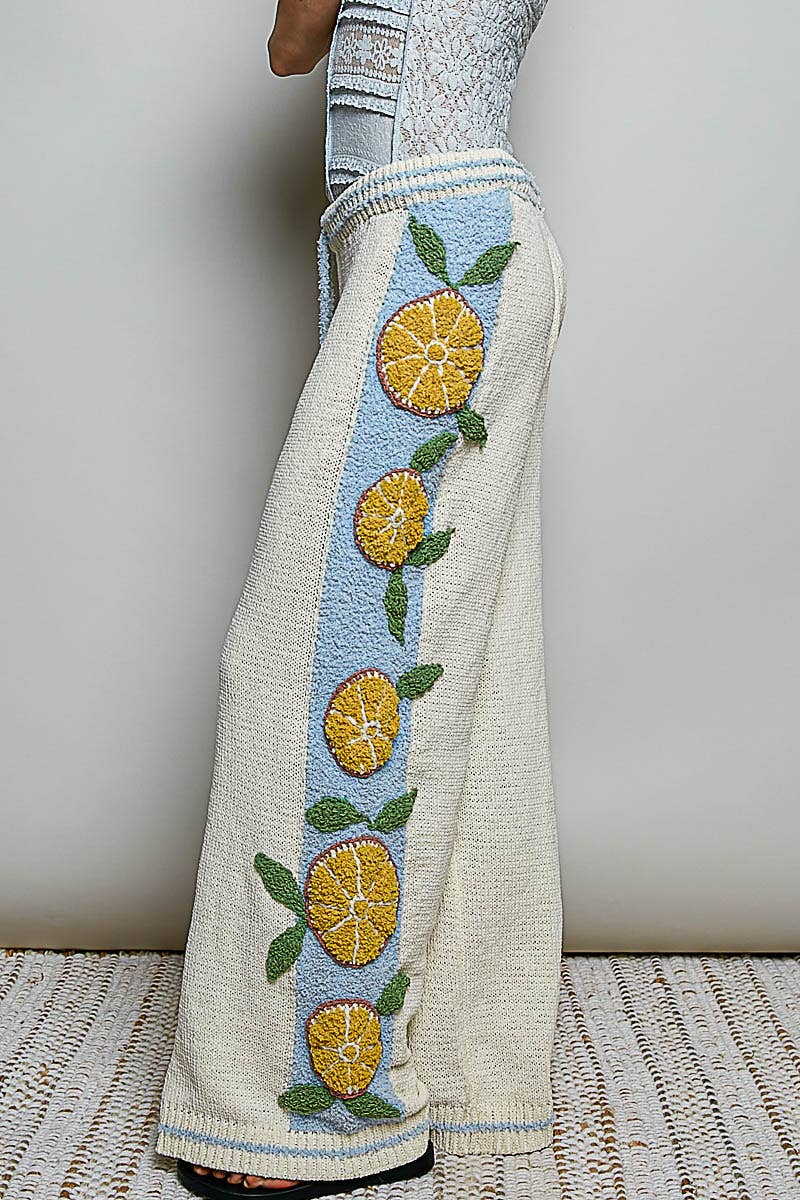 3D Lemon Embroidery Cozy Berber Sweater Adjustable Wide-Leg Pant