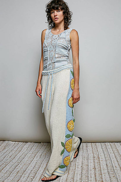 3D Lemon Embroidery Cozy Berber Sweater Adjustable Wide-Leg Pant