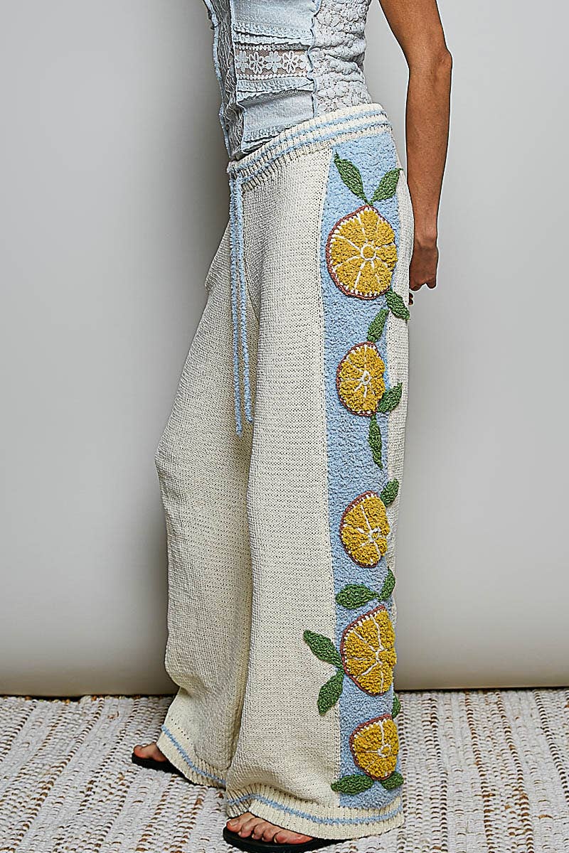 3D Lemon Embroidery Cozy Berber Sweater Adjustable Wide-Leg Pant