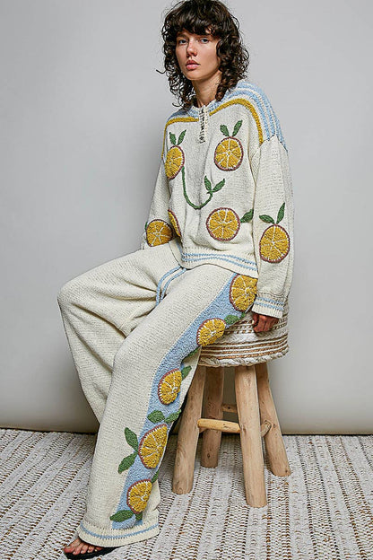 3D Lemon Embroidery Cozy Berber Sweater Adjustable Wide-Leg Pant