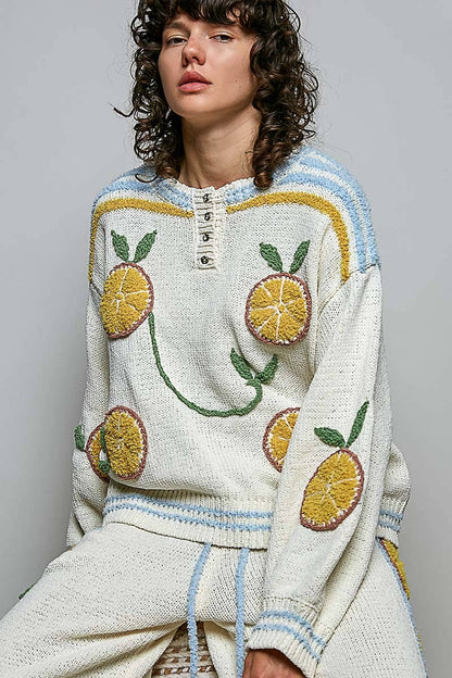 3D Lemon Embroidery Long Sleeve Cozy Pullover Berber Sweater