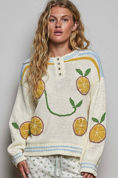 3D Lemon Embroidery Long Sleeve Cozy Pullover Berber Sweater