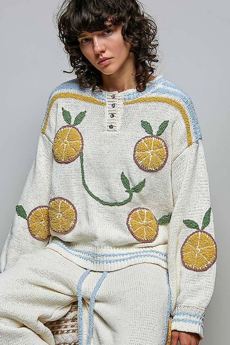 3D Lemon Embroidery Long Sleeve Cozy Pullover Berber Sweater
