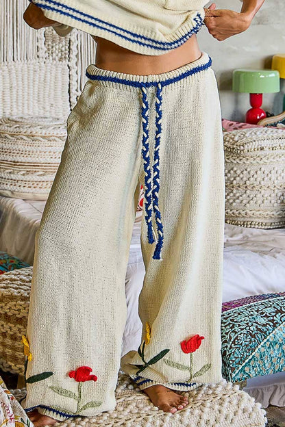 3D Embroidered Twisted Tie Straight Leg Chenille Pants