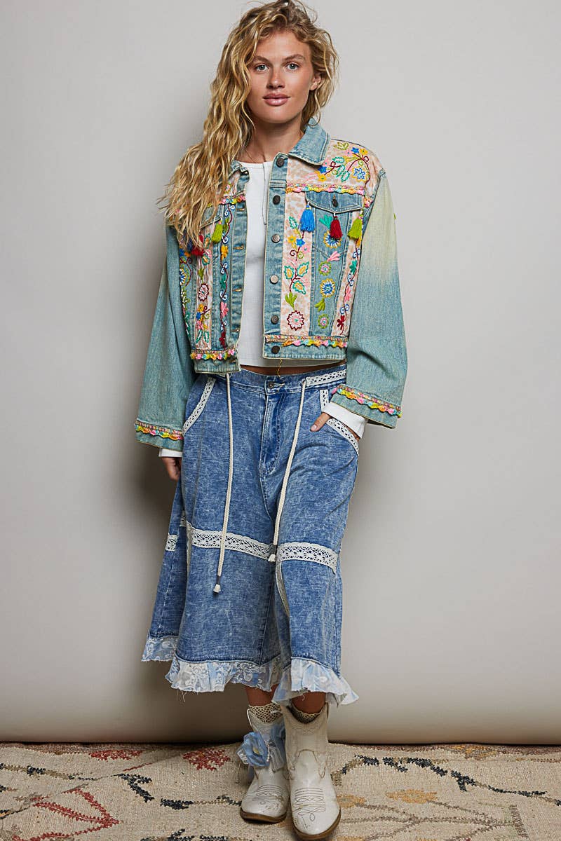Floral Embroidery Lace Trim Tassel Denim Jacket
