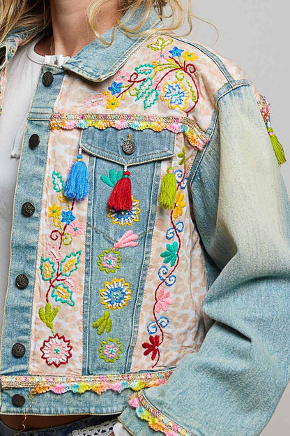 Floral Embroidery Lace Trim Tassel Denim Jacket