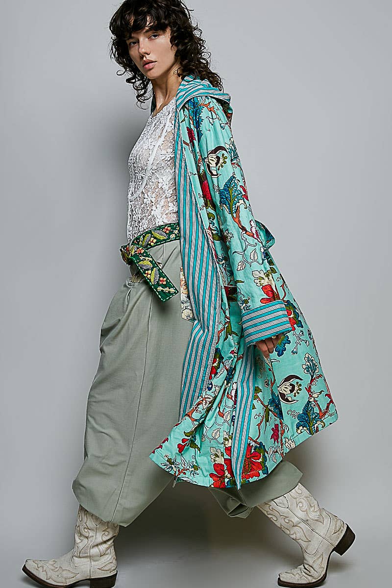 Floral Hood & Belt Maxi Kimono Cardigan