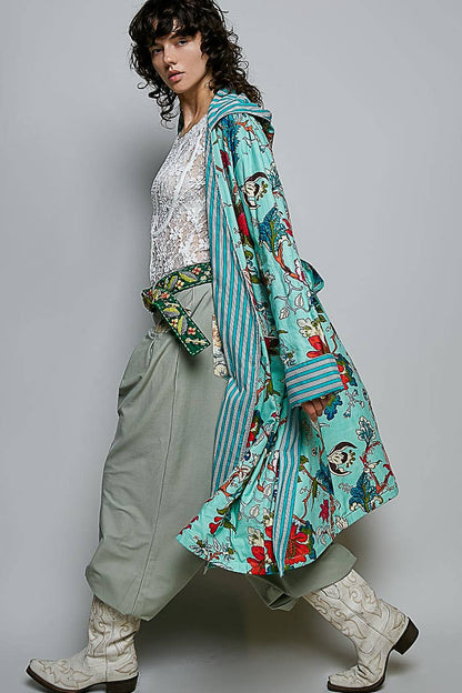 Floral Hood & Belt Maxi Kimono Cardigan