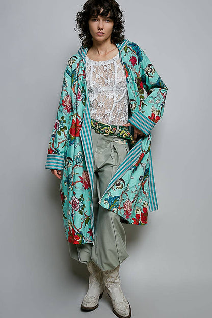 Floral Hood & Belt Maxi Kimono Cardigan