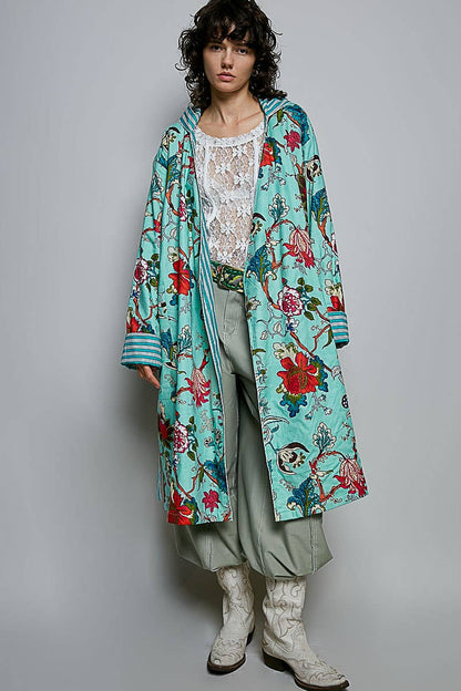 Floral Hood & Belt Maxi Kimono Cardigan