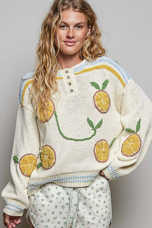 3D Lemon Embroidery Long Sleeve Cozy Pullover Berber Sweater