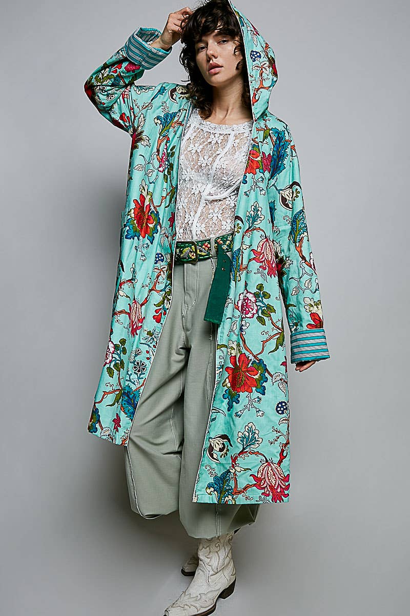 Floral Hood & Belt Maxi Kimono Cardigan