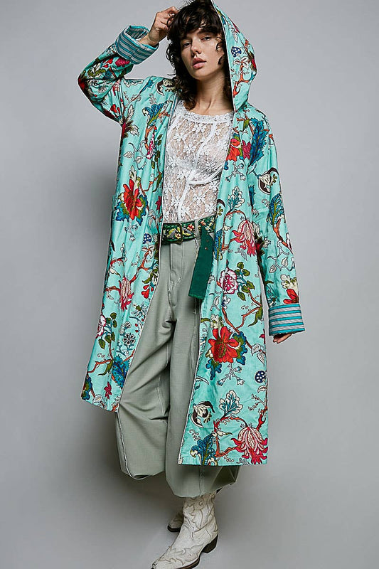 Floral Hood & Belt Maxi Kimono Cardigan