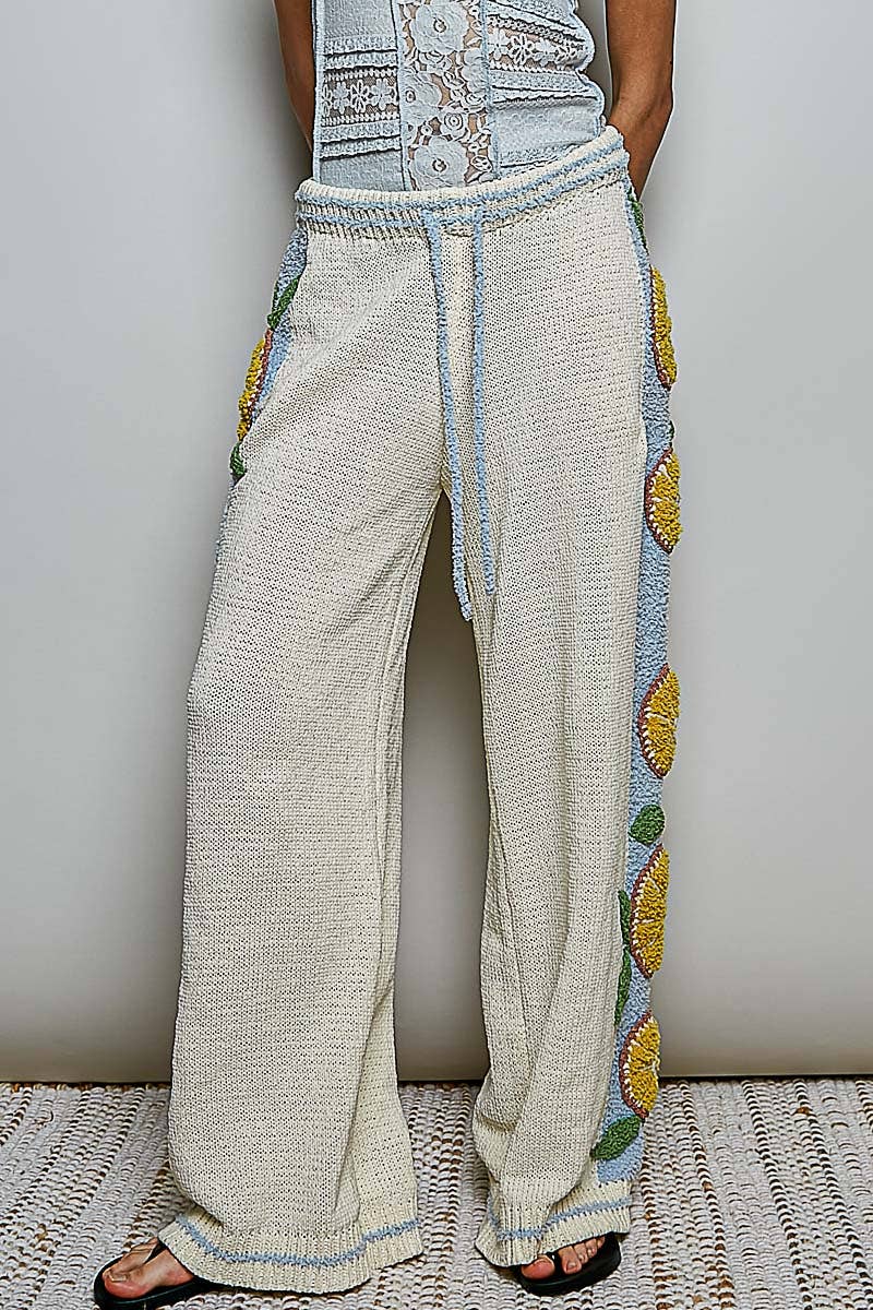 3D Lemon Embroidery Cozy Berber Sweater Adjustable Wide-Leg Pant