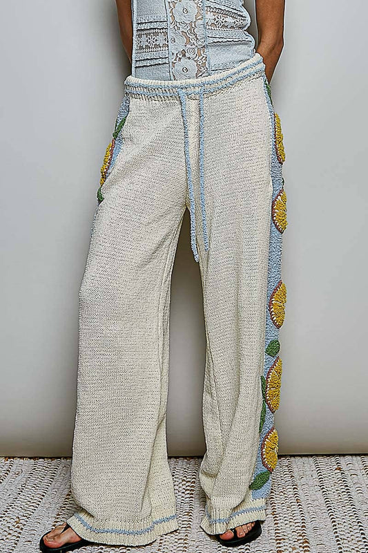 3D Lemon Embroidery Cozy Berber Sweater Adjustable Wide-Leg Pant