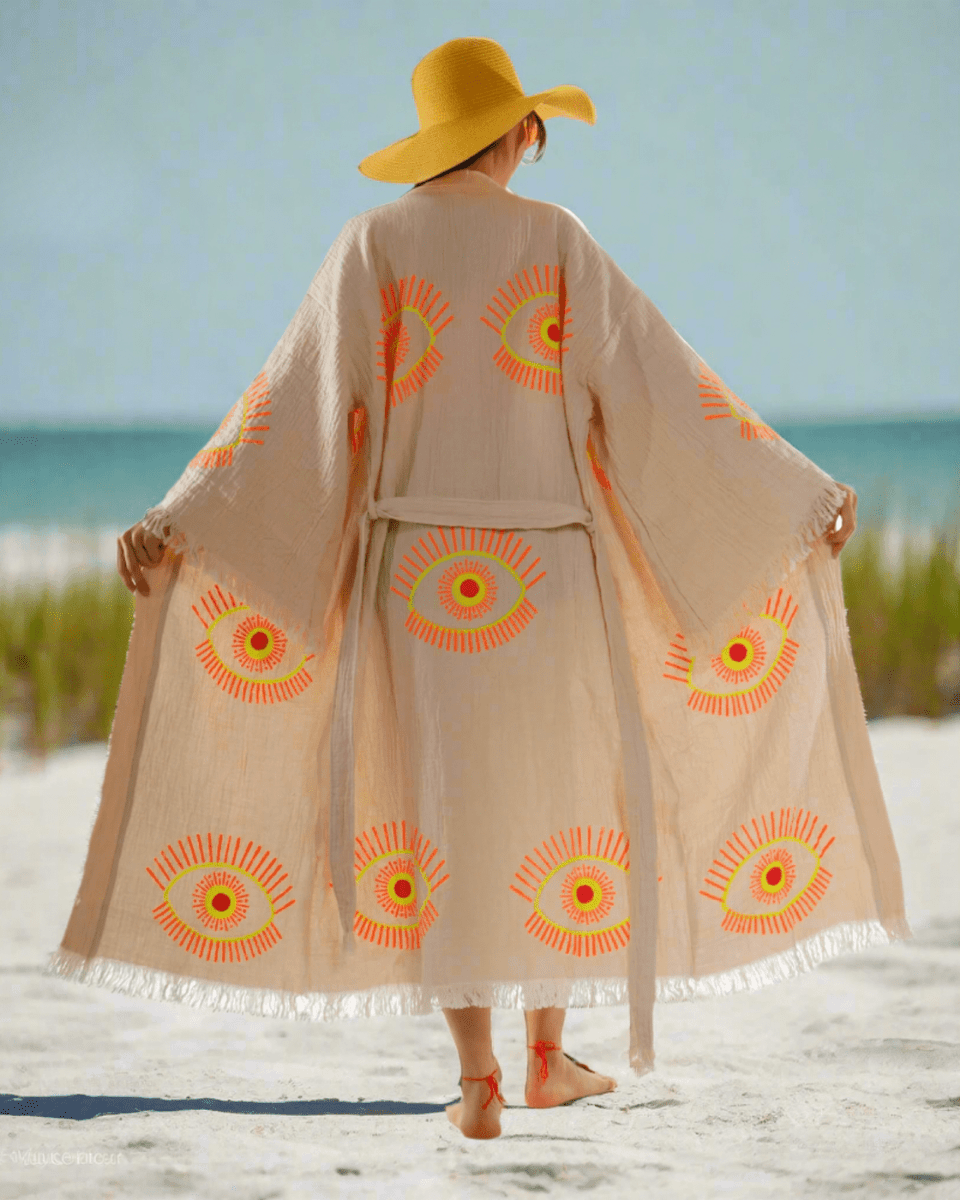 Beige Evil Eye Kimono Robe – Organic Cotton Boho Style by Da Bohemian Bazaar