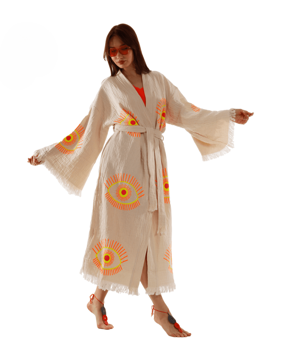 Beige Evil Eye Kimono Robe – Organic Cotton Boho Style