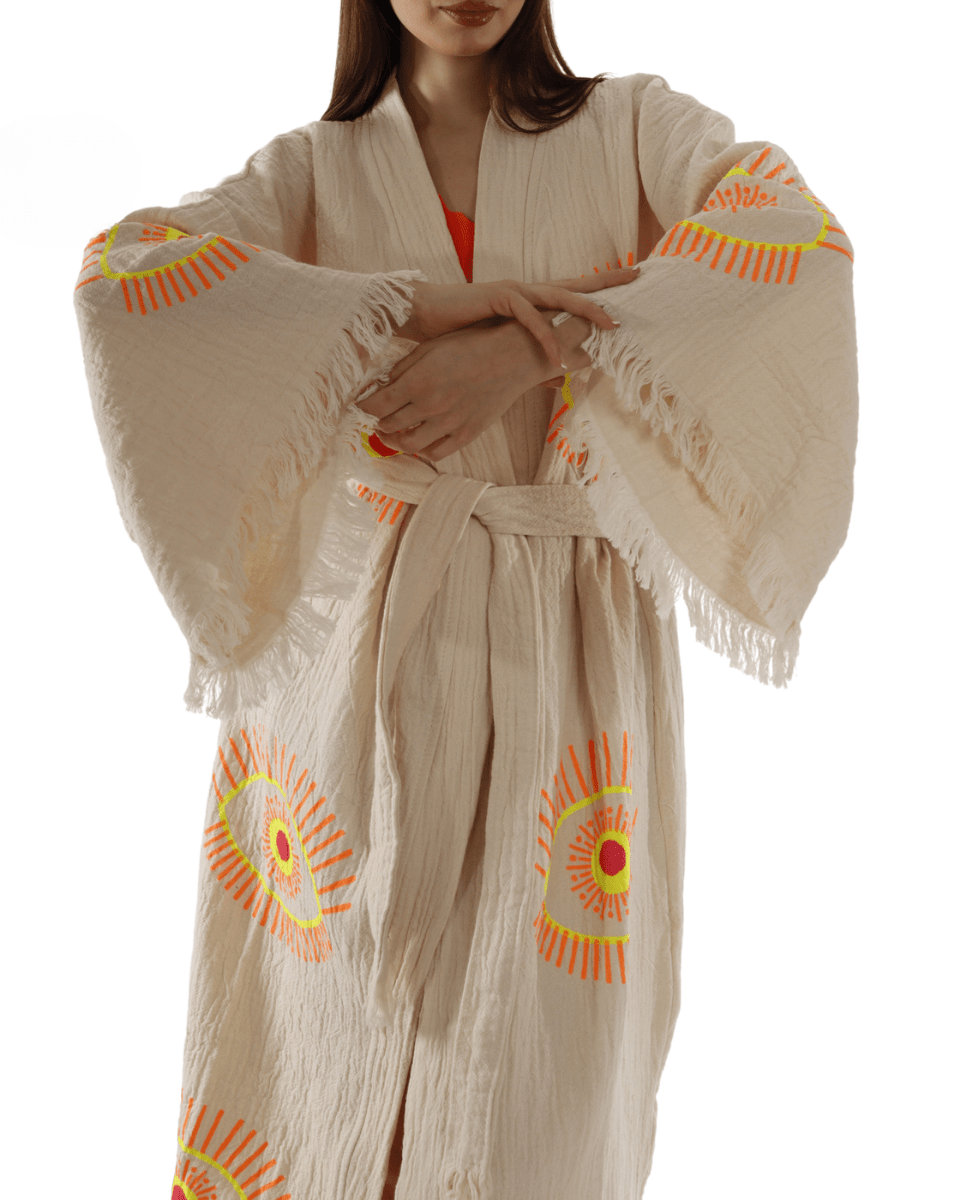 Beige Evil Eye Kimono Robe – Organic Cotton Boho Style