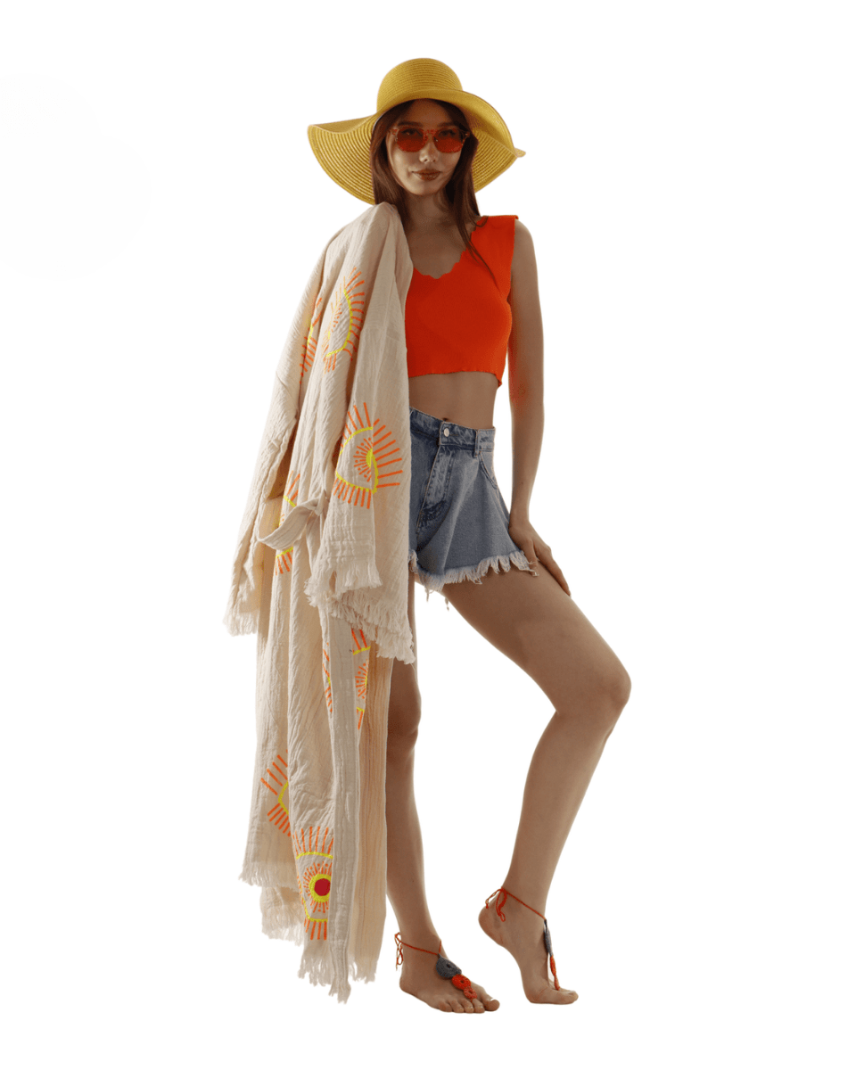 Beige Evil Eye Kimono Robe – Organic Cotton Boho Style