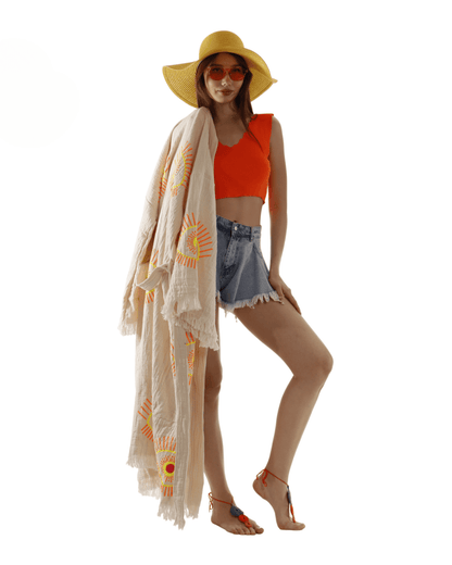 Beige Evil Eye Kimono Robe – Organic Cotton Boho Style