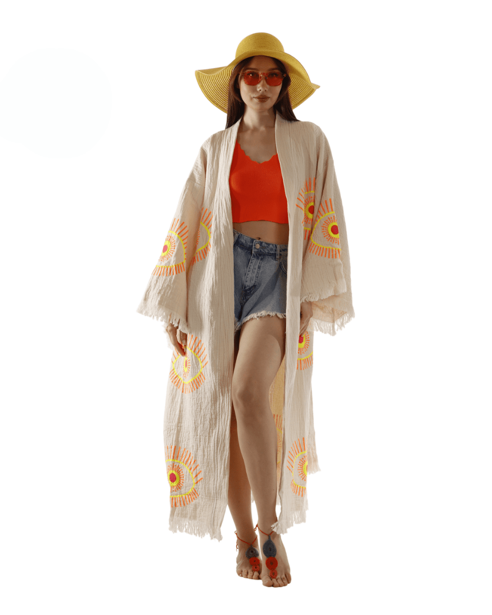Beige Evil Eye Kimono Robe – Organic Cotton Boho Style