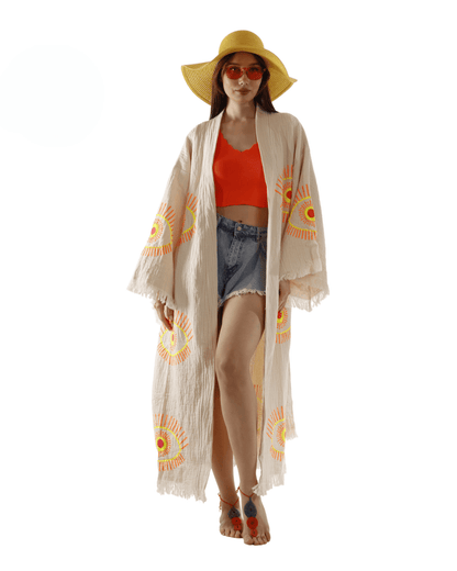 Beige Evil Eye Kimono Robe – Organic Cotton Boho Style