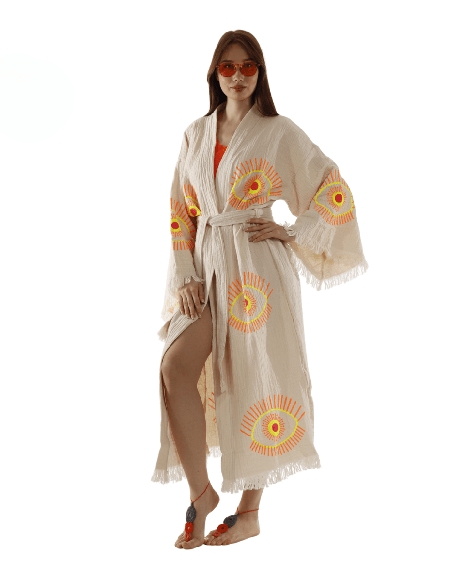 Beige Evil Eye Kimono Robe – Organic Cotton Boho Style